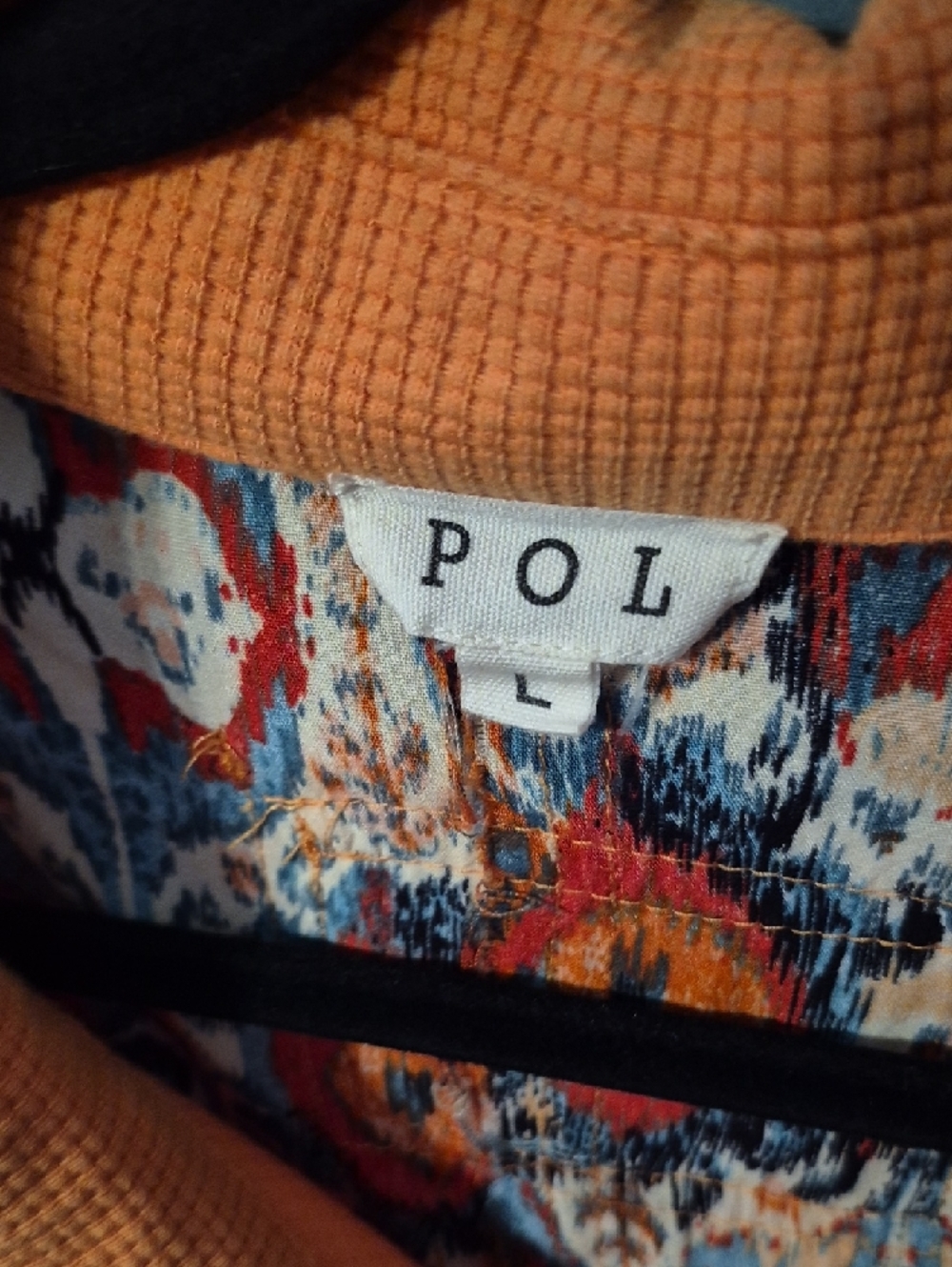 POL Patchwork Button-Down Shirt in Orange, Cream, Multicolor Floral - Picture 4 of 5